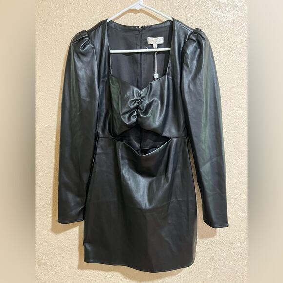 Ronny Kobo Collection black faux leather cutout long sleeve mini dress large NEW - Picture 2 of 11